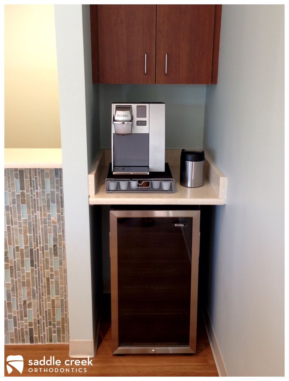 Orthodontic drink station with Keurig coffee maker and fridge